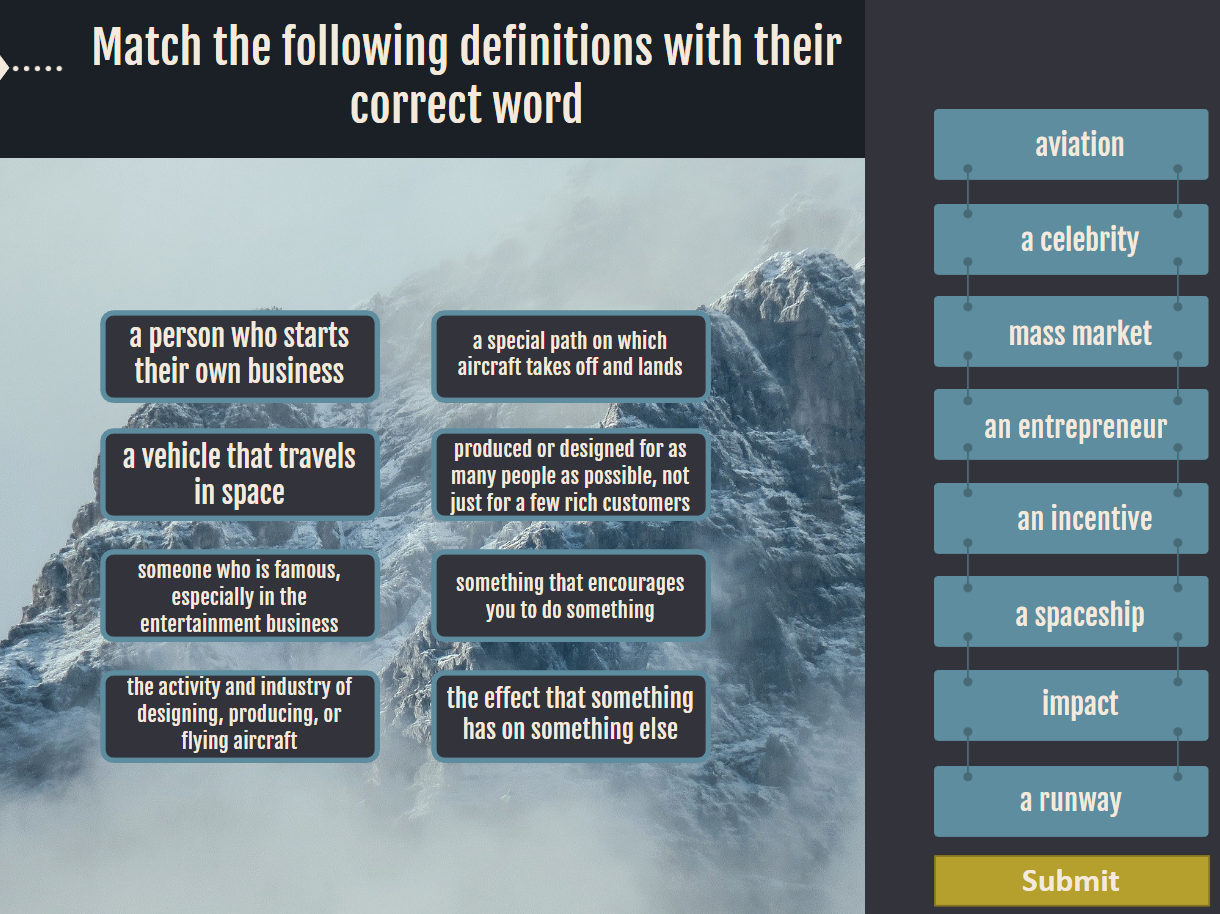 Reading Practice: Match the definitions with the correct word. Drag and Drop Interactive